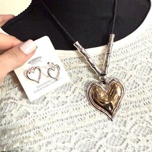 TWO-TONE HAMMERED HEART PENDANT BEADED CORD NECKLACE AND EARRING SET